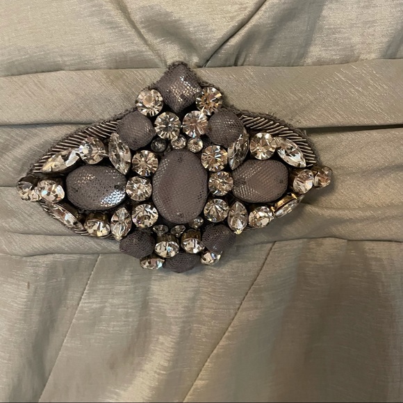 Badgley Mischka Cocktail Dress • Silver Shimmer with Broach & Cuff Off Shoulder - Picture 6 of 8